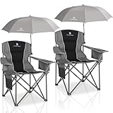 CAMPHILL 2 Pack Oversized Camping Chairs with Adjustable Umbrella-Folding Padded Lawn Chair with Backrest & Comfy Armrest-Heavy Duty for Beach Patio Picnic,Black