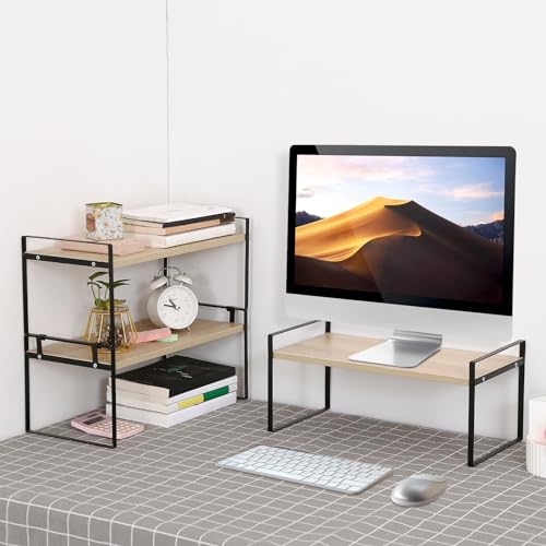 Image of YGYQZ Wood Office Desk Shelf Organizer - Desktop Supplies Cute Dresser Top Organization Storage Rack and Cubicle Decor Aesthetic Bookshelf for Women Man and Kids (Black Wood-Three Tier)
