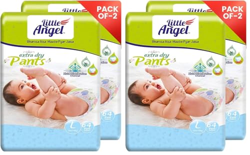 Image of Little Angel Extra Dry Baby Pants Diaper, Large (L) Size, 128 Count, Super Absorbent Core Up to 12 Hrs Protection & Wetness Indicator, 8-14kg (64 count /pack, Pack of 4)