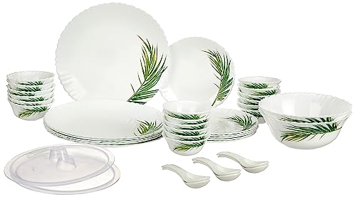 Larah by Borosil Crescent Fluted Series Opalware Dinner Set | 40 Pieces for Family of 6 | Microwave & Dishwasher Safe | Bone-Ash Free | Crockery Set f