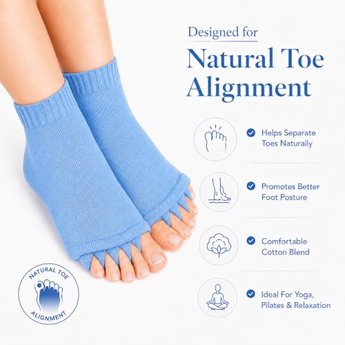 Image of Foot Alignment Orthopedic Cotton Socks for Men & Women | Five Toe Separator | Foot Pain Relief | Bunion Corrector | Plantar Fasciitis Support | Improves Posture & Flexibility | Free Size | Sky Blue | 1 Pair