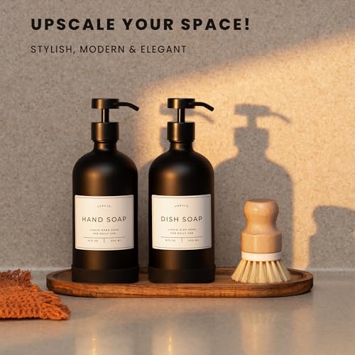 Image of Hand and Dish Soap Dispenser for Kitchen and Bathroom, Set of 2 16 Oz Glass Bottles, Stainless Steel Pumps, Non-Slip Silicone Base, 27 Waterproof Labels (Matte Black Bottle /Black Pump)