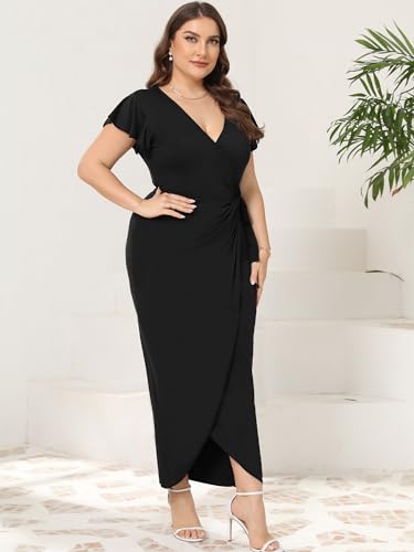 2025 Womens Deep Cross V Neck Ruffle Sleeve Tulip Hem Plus Size Work Cocktail Party Elegant Ruched Long Wrap Dress2