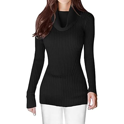 v28 Sweaters for Women Long Sleeve Soft Knitted Ribbed Cowl Neck Fitted Bodycon Sexy Pullover-M,BK Cover