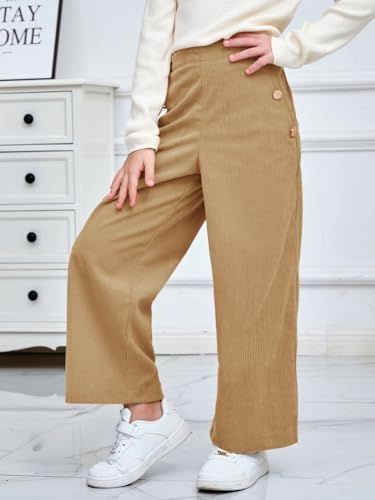 Image of Haloumoning Girls Wide Leg Corduroy Pants Kids Elastic Waist Gold Button Trousers with Pockets 5-14 Years