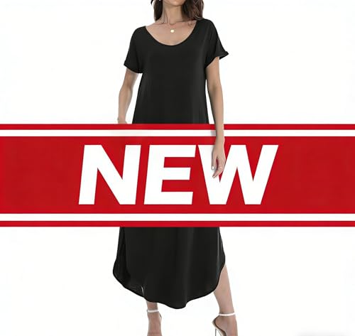 Image of Matchstick Women's Flowy Maxi Dress V-Neck Relaxed Loose Fit Short Sleeve Casual Sundress with Pockets Side Split Beach Dress