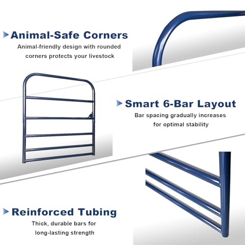 Image of Blue 6 Bar Utility Tube Gate 4 ft (W) x 50 in (H), Heavy-Duty Steel Farm Gate with Chain Latch, Animal-Safe Utility Livestock Gate for Horse, Cattle
