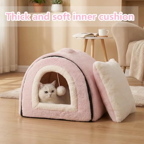 Image of Cat Bed for Indoor Cats,Foldable cat cave,Anti-Slip & Water-Resistant Bottom,cat Houses for Indoor Cats or Small Dogs, Kitten Tent, Rabbit Bed,2 in 1 pet Bed (Pink)