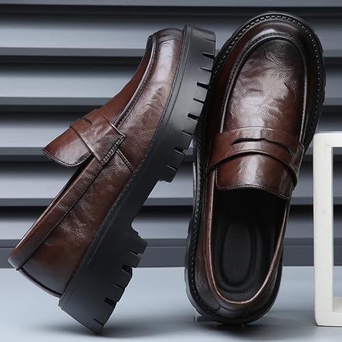Men's Leather Chunky Platform Penny Loafers Comfy Round Toe Platform Slip-On Dress Business Casual Shoes with Non-Slip Lug Sole Sizes 5-14 US4