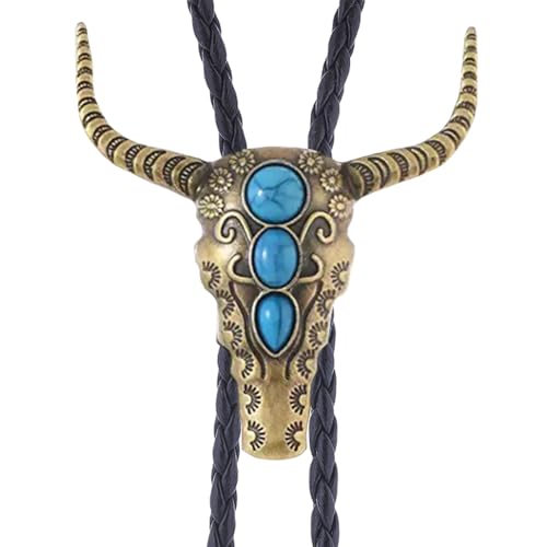 Image of GelConnie Longhorn Bull Bolo Tie for Men Native American Western Cowboy Leather Necktie Bolo Necklace for Women Gold Texas