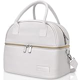 BALORAY Lunch Bag for Women Men, Double Deck Lunch Box for Adults, PU Leather Lunch Tote Bag Insulated Lunch Bags with Strap for Work Office Picnic