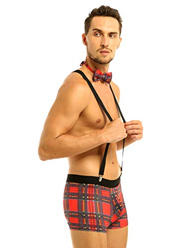 YEAHDOR Men's Sexy Plaid Schoolboy Lingerie Set Boxer Shorts with Y Back Suspender Bowtie - Image 7