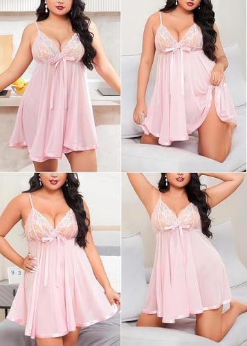 Image of SSoShHub Women's Lingerie Lace Babydoll Strap Chemise Mesh Sleepwear Outfits with G-String