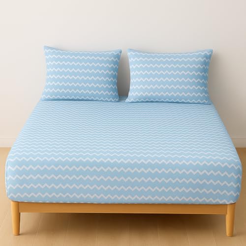 Image of 400TC Cotton Feel Glace Cotton Double Bed Elastic Fitted Bedsheet King Size 78 x 72 Inches with 2 Pillow Covers (Blossom Blue)