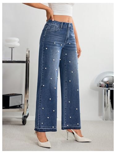 MakeMeChic Women's Pearls Jeans Cowboy Chic Outfits Wide Leg Stretch Straight Y2K Denim Pants Trousers4