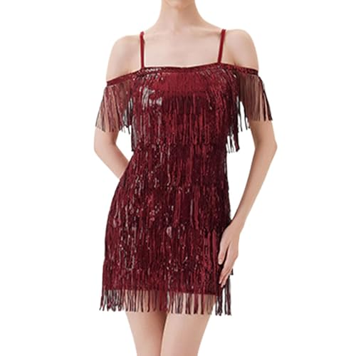 Genérico Vestido Mujer Casual - Vestido Sin Mangas con Flecos para Una Elegante Fiesta con Dobladillo con Borlas De Lentejuelas Atuendo Baile Latino Club Espectáculos Y Eventos Especiales