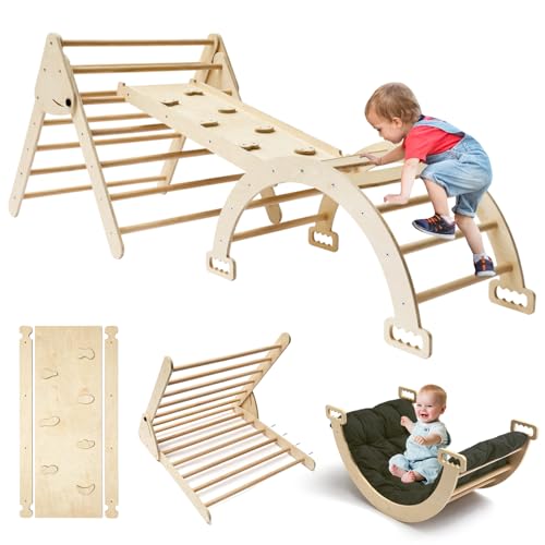 Image of Secyba Pikler Triangle Set Smooth 7 in 1 Without Burrs Montessori Climbing Set Easy to Assemble Pikler Climbing Set Solid Wood Material Super Sturdy