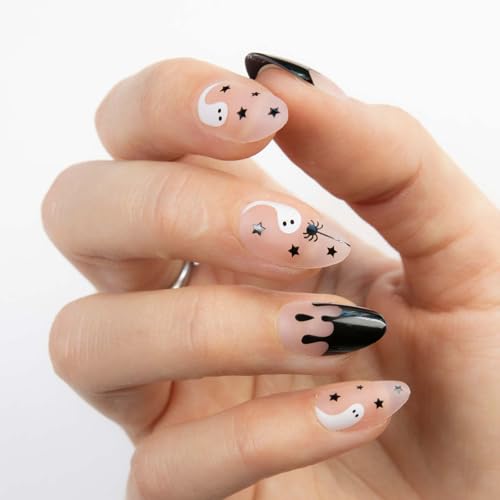 MOYOU LONDON Gel Press On Nails Halloween - Elegant Short Almond Shape Long-lasting & Comfortable Soft Fake Nails with Glue Reusable Semi-Transparent Stick On Nails for Women 32 Pcs in 16 Sizes