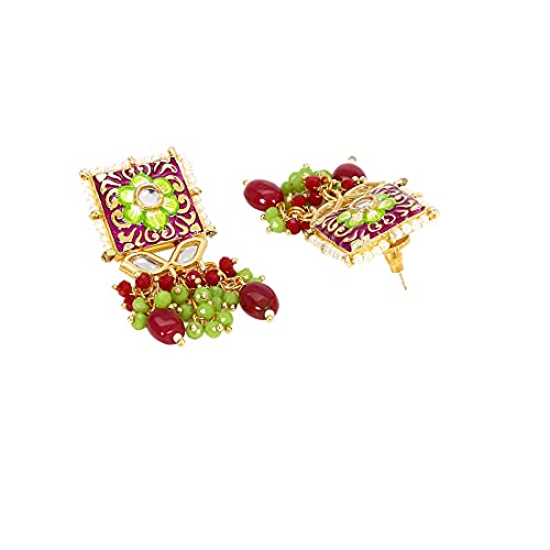 Image of Yellow Chimes Ethnic Gold Plated Studded Kundan Beads Flower Design Jewellery Set Multicolour Meenakari Choker Necklace Set for Women and Girls