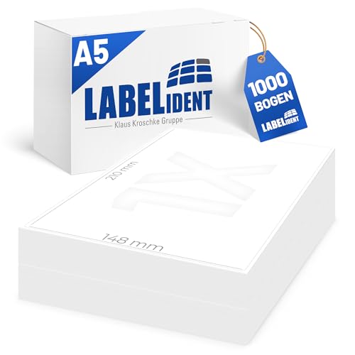 Labelident Versandetiketten auf DIN A5 Bogen, weiß - 210 x 148 mm - 1.000 Papier Etiketten auf 1.000 Blatt, selbstklebende Versandlabels A5 für DHL, DPD, Fedex, GLS, Hermes, UPS