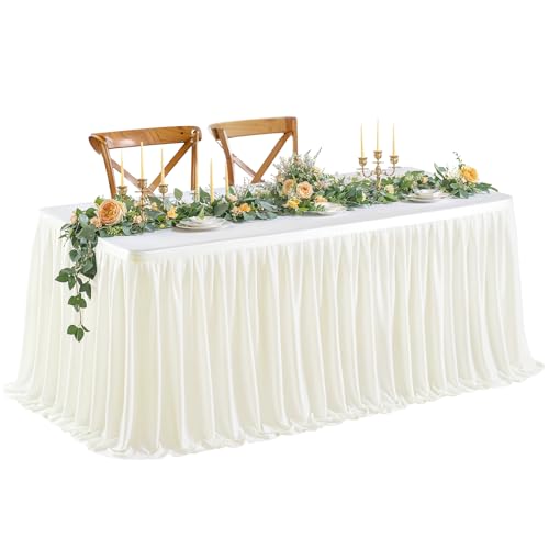 Wish Care 14ft Long Ivory Table Skirt for Rectangle Tables Decorations - Wrinkle Resistant Polyester Pleated Table Skirting Desk Skirts for Office Baby Shower Birthday Party Wedding Banquet
