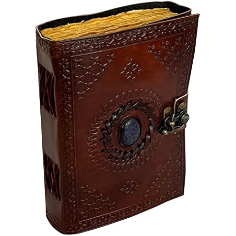 Rustic Town Leather Bound Journal for Men Women with Semi-Precious Stone - Handmade Antique Deckle Edge Paper - Book of Shadow Leather Travel Writing Notebook Diary Gift for Him Her Cover