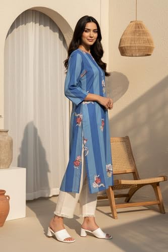 Image of W for Woman Colour Block Floral Printed Pure Cotton Straight Kurta