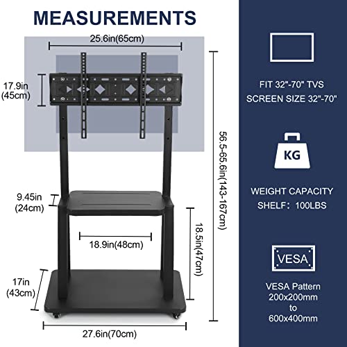 Maiproo Mobile Tv Cart Rolling Floor Stand For 32-70 Inch Lcd Led Oled Flat Panel Screens Smartboard Movable Holds Up To 100Lbs With Shelf Locking Wheel Height Ajustable Heavy-Duty #TOP2