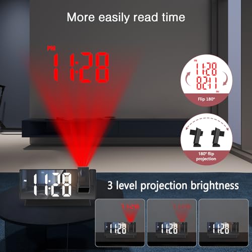 LOFICOPER Projection Alarm Clock, 7.8" Mirror Digital Clock with 180° Rotatable Projector, 4-Level Brightness, Snooze, 12/24H, USB Charging, Desk Clock for Home Bedroom Decor Office - Image 4
