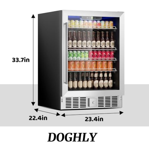 Image of DOGHLY 24 Inch Wine and Beverage Refrigerator, 182 Cans Built-in Cooler with Glass Door, Digital Temperature Control, LED Lighting, Adjustable Shelves, Freestanding Beer Fridge for Home, Bar, Office