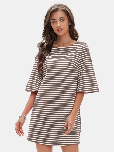 Image of EXLURA Women's Summer T Shirt Dress Casual Short Sleeve Loose Striped Mini Dresses 2026 Vacation Beach Sundress Pockets