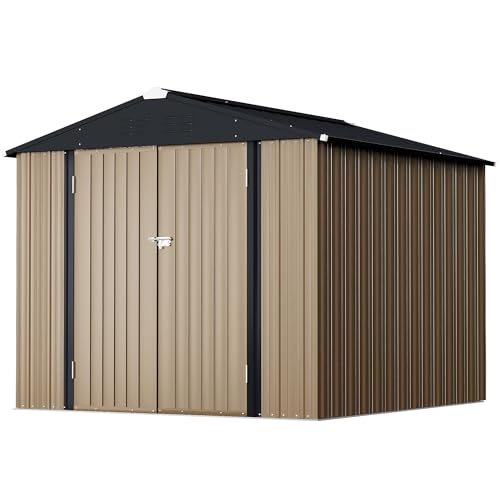 Image of GUNJI 8 x 6 FT Shed Outdoor Storage Shed Metal Garden Shed with Lockable Door Outside Waterproof Tool Shed for Backyard, Patio, Lawn (Brown)