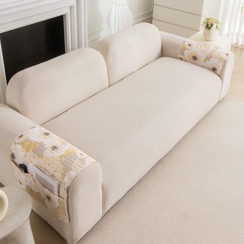 Image of HOMETHREADS Anti-Skid Sofa Protector Mat: Premium Printed Cotton Slipcover with Strong PVC Non-Slip Backing, (White Yellow, 2Pc Armrest Mat | 50x75cm)