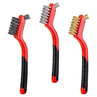 YiwerDer 3Pcs Mini Wire Brush Set, Stainless Steel/Brass/Nylon Bristles Wire Brushes, Curved Handle Soft Grip for Rust, Dirt &amp; Paint Scrubbing with Deep Cleaning – 7 Inches (Red)
