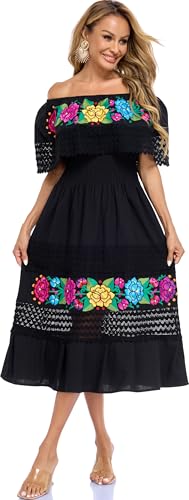 Image of YZXDORWJ Women Embroidered Mexican Peasant Casual Sexy Lace Off-Shoulder Long Dress