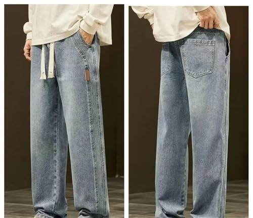 Men's Baggy Jeans Wide Leg Straight Loose Fit Drawstring Waist Casual Retro Washed Denim Pants3