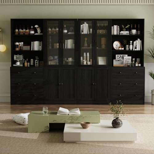 VOWNER Vitrine en Verre 180 cm Haute, Bibliothèque avec Portes en Verre, Étagère Haute sur 6 Niveaux, Bibliothèque Meuble de Rangement,Armoire Vitrine pour...