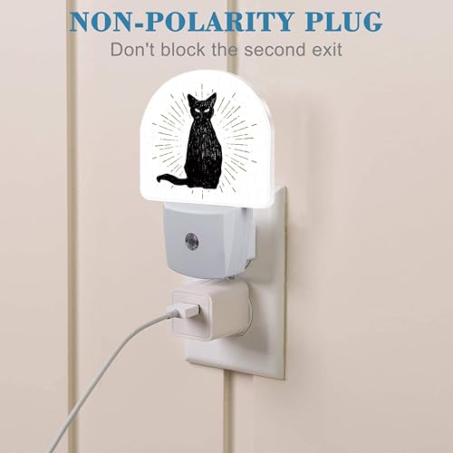 Image of Hand Drawn Black Cat Night Light Plug into Wall with Dusk to Dawn Sensor Cute Nightlight for Kid Girls Boys Women Men Room Decor, Hallway, Kitchen, Bathroom, Nursery, Stairs