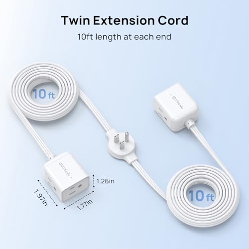 Image of TROND Split Extension Cord with Flat Wall Plug, Twin 10ft Each Side, White | Low-Profile Dual End 3 Outlets Extender, 1625W for Indoors Behind the Middle of Sofa Couch Bed TV Stand, Easy to Hide