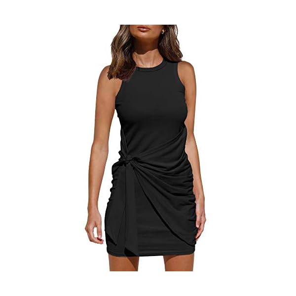 LILLUSORY-Womens-Summer-Casual-Sleeveless-Tank-Dress-2021-Crewneck-Bodycon-Ruched-Tie-Waist-Mini-Dresses LILLUSORY Women's Sun Dresses Casual 2024 Summer Black Elegant Bodycon Ruched Ladies Trendy Cotton Skorts Skirt Wrap Mini Junior Sheath Western Fitted Skater Jersey Dresses