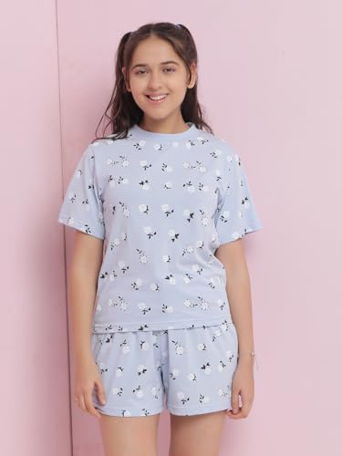 Li'l Tomatoes Girl's Cotton Blend Floral Night Suits Pack of 2 (GGNS-S25-1713_Blue_30 9-10 Years) - Image 2 thumbnail