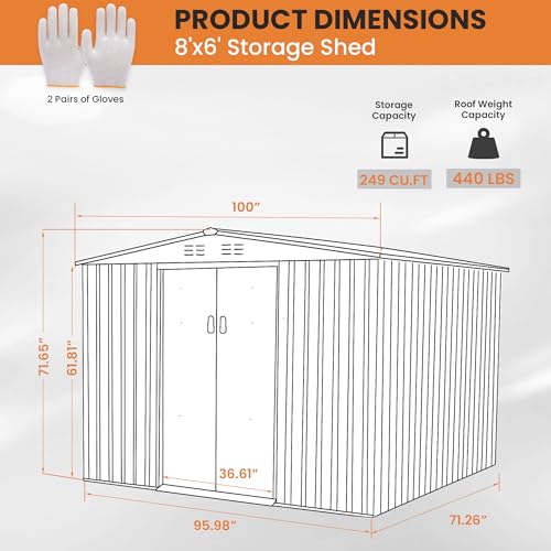 8x6 FT Outdoor Metal Storage Shed with Lockable Garden Shed Steel Anti-Corrosion Storage House with Sliding Lockable Door for Backyard Outdoor Patio, Light Gray