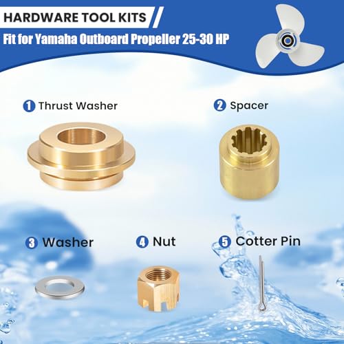 Image of Outboard Upgrade Propeller Installation Hardware Tools Kit Fits Yamaha 25-30HP, Includes Thrust Washer, Spacer, Washer, Nut and Cotter Pin