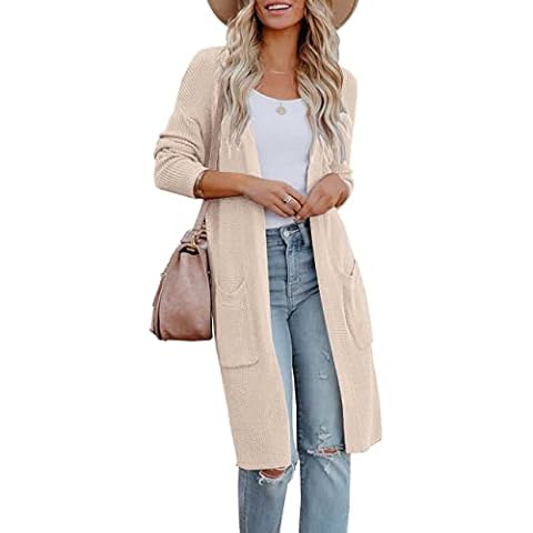 Amarmia Womens Long Sleeve Open Front Cardigan Sweater Lightweight Knit Casual Loose Fit Sweaters Outerwear with Pockets Beige Cover