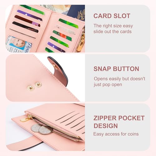 Image of yiijay Womens Wallet RFID Blocking Vegan Leather Trifold Clutch Credit Card Holder Ladies Travel Wallet Purse with Pen Holder, 1Pink, 6.5x 4.2x 1.4 inches, Rfid Wallet
