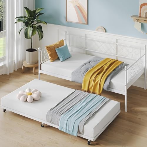 Image of Garvee Daybed with Trundle, Trundle Bed Twin with Heart-Shaped Headboard, Sturdy Metal Sofa Bed, Heavy-Duty Metal Bed Frame Support, for Living Rooms, Bedrooms, and Guest Rooms, Easy Assembly