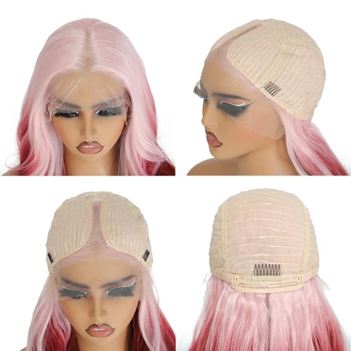 X-Tress 28" Lace Front Wig - Pink to Red Balayage Synthetic Hair - Pre Plucked, Glueless, Soft, Pink & Red - Image 4