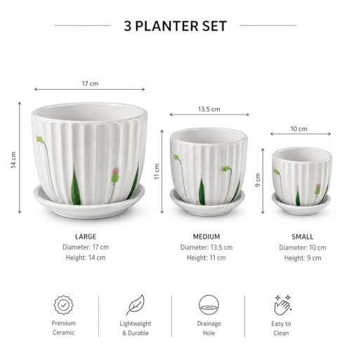 Image of XSTORE Xtore Elegant Ribbed Ceramic Planter Set of 3 with Drainage Tray - Modern Indoor Plant Pots for Home Decor, Succulents, Herbs & Desk Plants - (Pack of 3, Planters Only)