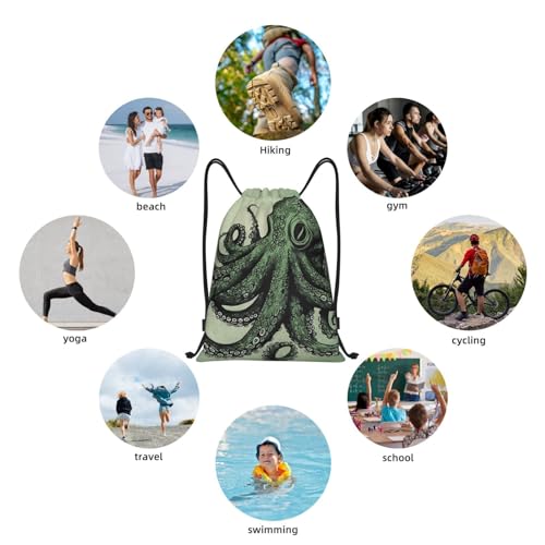 Drawstring Backpack for Women Men Gym Drawstring Bags Green Octopus String Bag Swim Bag 6
