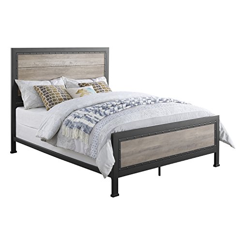 Walker Edison Rustic Farmhouse Wood And Metal Queen Metal Bed Headboard Footboard Bed Frame Bedroom, Queen, Grey Wash #TOP2